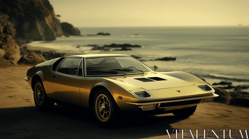 Golden Sports Car Parked Along the Ocean | Captivating Chiaroscuro AI Image