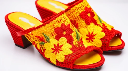 Handmade Yellow and Red Floral Embroidered Raffia Slippers