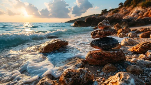 Tranquil Sunset Beach Landscape with Cairn of Stones