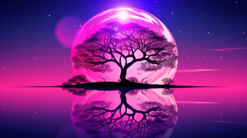Tranquil Tree Landscape with Moon and Reflection