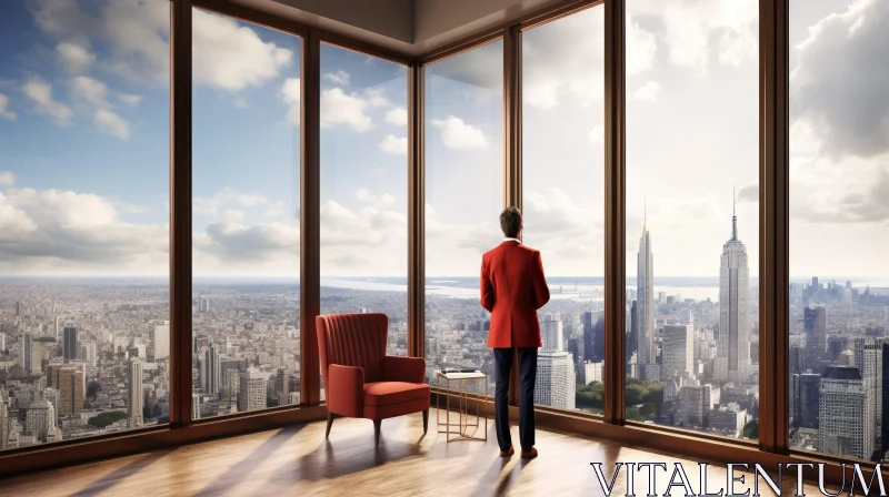 Urban Man in Red Jacket Cityscape View AI Image