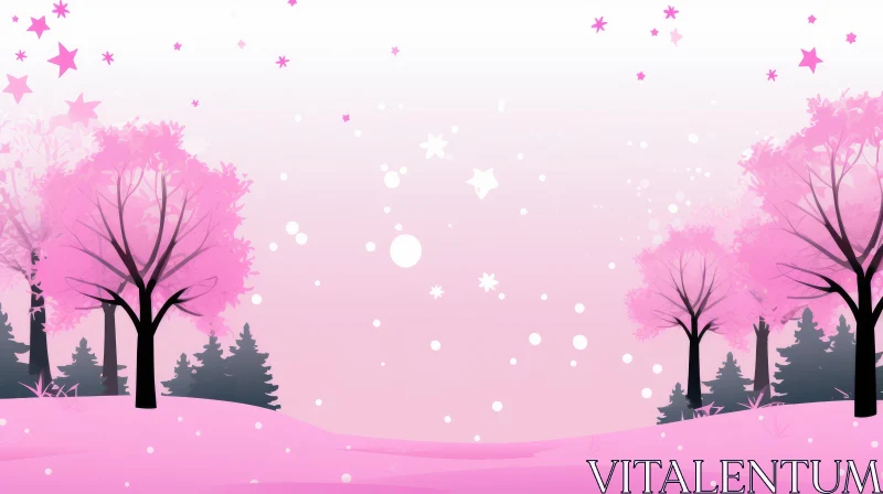 Winter Landscape with Falling Pink Stars AI Image