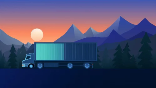 Blue Truck on Mountain Road at Sunset Illustration