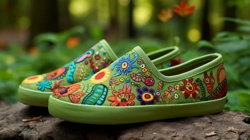 Colorful Embroidered Shoes in Green Forest