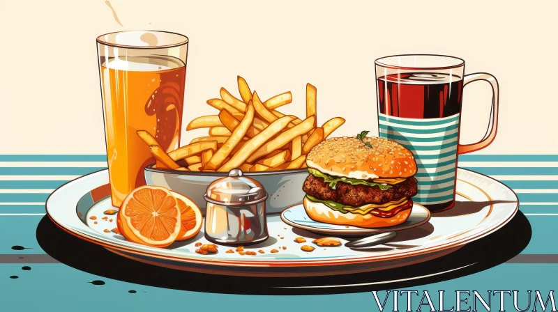 Delicious Burger and Fries Meal in a Cartoon Style AI Image