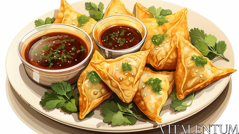 Delicious Fried Samosas with Two Dipping Sauces AI Image