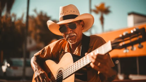 Elderly Mexican Man Playing Guitar Outdoors