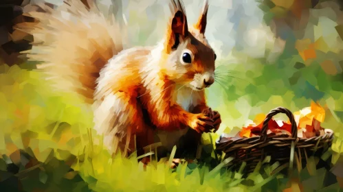 Realistic Squirrel Painting on Tree Branch with Basket of Nuts