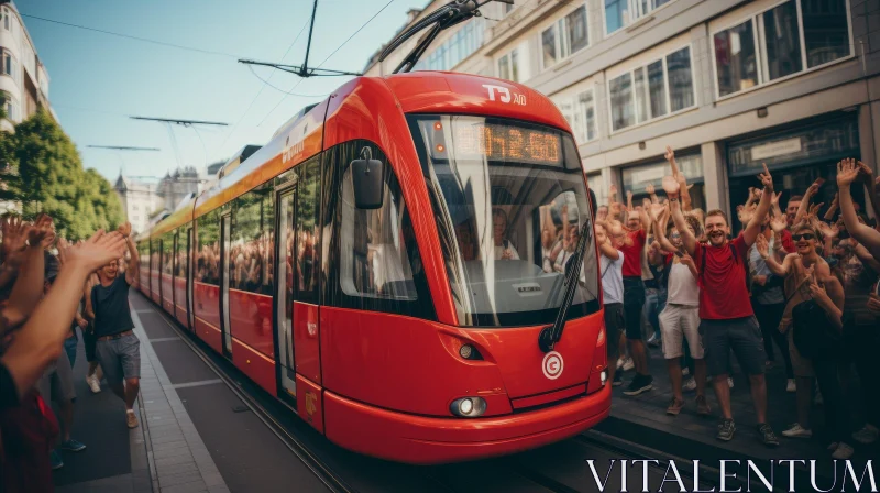 Red and White Modern Tram on City Street AI Image