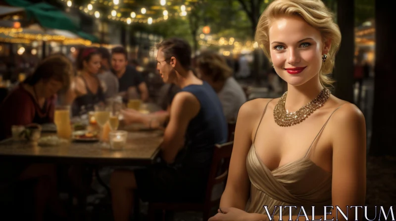 Smiling Woman in Gold Dress at Restaurant Table AI Image