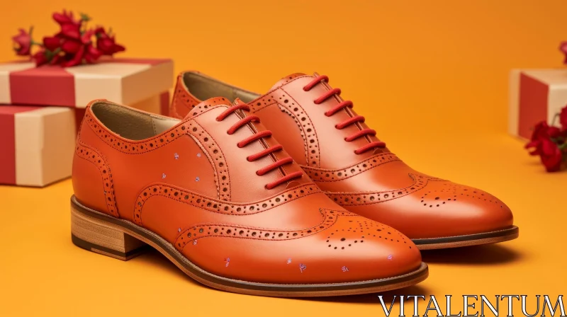 Stylish Orange Leather Shoes with Red Laces and Gift Boxes AI Image