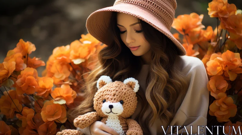 Young Woman in Field of Flowers with Teddy Bear AI Image