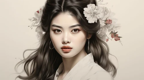 Asian Woman Portrait with White Flowers