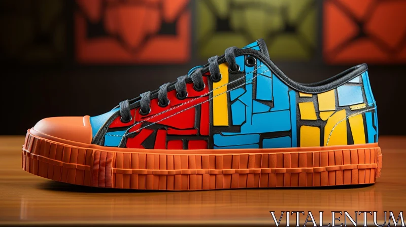 Colorful Geometric Pattern Sneaker on Wooden Table AI Image