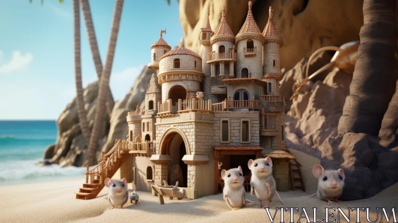 Enchanting Beach Scene with 3D Sandcastle and Colorful Mice AI Image