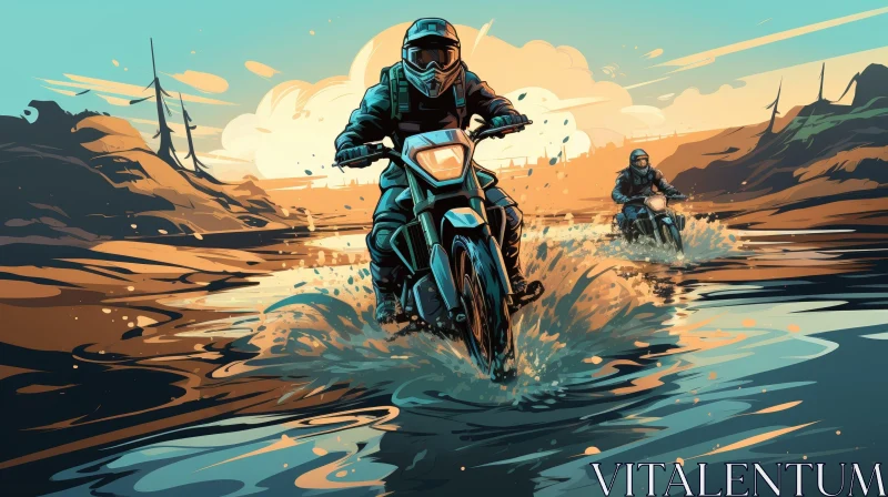Exciting Dirt Bikers Riding Through Water Splash AI Image