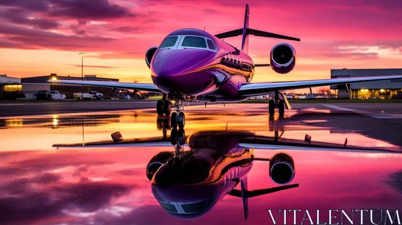 Purple Private Jet at Sunset on Runway AI Image