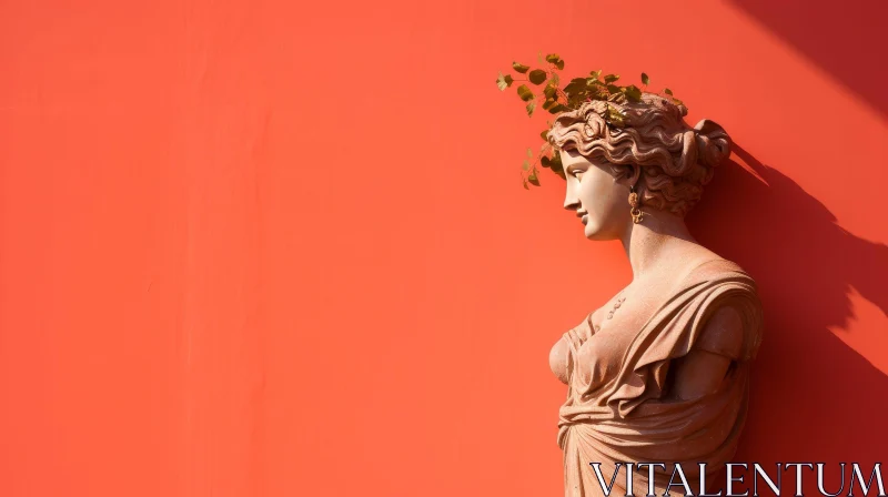 AI ART Serene Classical Female Statue in Beige Stone Against Red Background