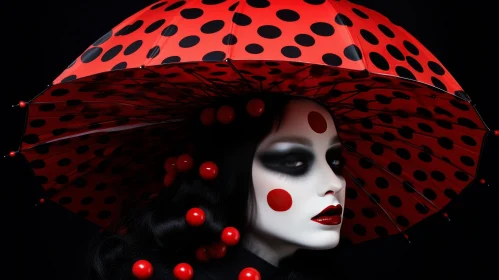 Serious Expression of Woman in Polka Dot Umbrella Hat