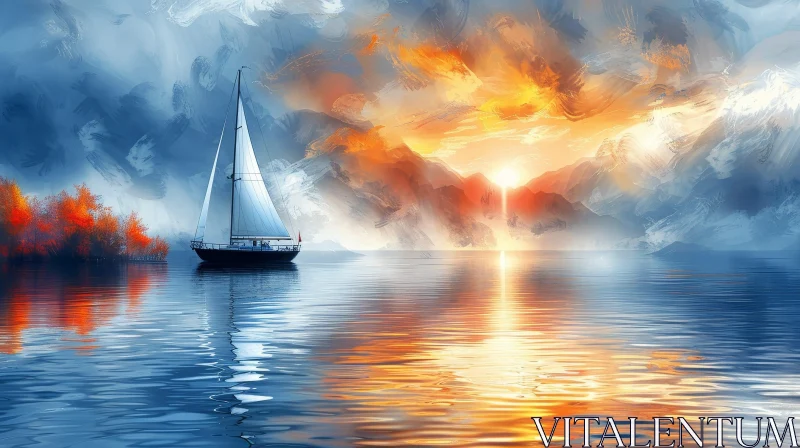AI ART Tranquil Sailboat Painting on Lake