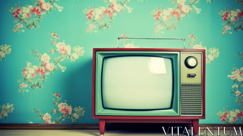 Vintage Retro Television Set on Floral Wallpapered Wall AI Image