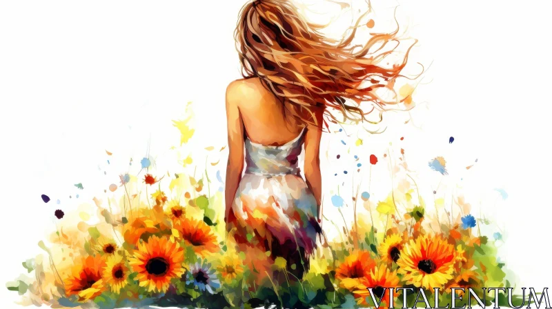 Woman in Sunflower Field Painting AI Image