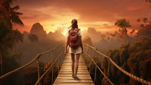 Woman on Suspension Bridge in Tropical Rainforest at Sunset