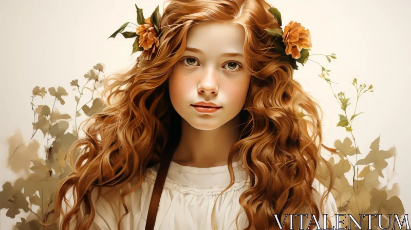 Young Girl Portrait with Red Hair and Flower Crown AI Image