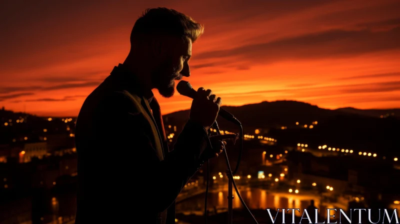 Man Singing into Microphone at Sunset AI Image