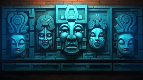 Mayan Masks Bas-Relief Digital Painting