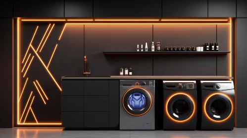 Modern Laundry Room with Neon Lights and Stainless Steel Appliances