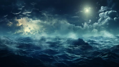 Moonlit Ocean Scene with Choppy Waves and Clouds