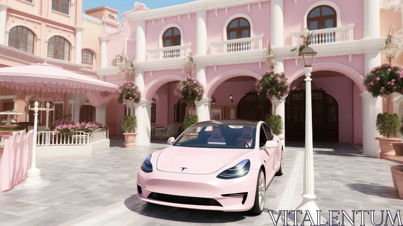 Pink Electric Car Parked in Front of a Pink Building AI Image