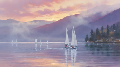 Tranquil Sunset Scene: Sailboats on a Calm Lake