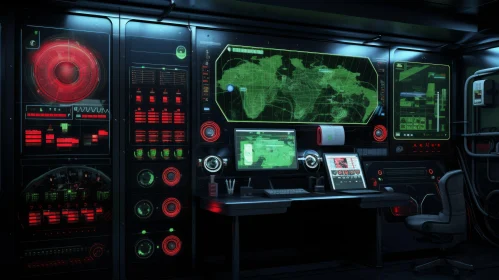 Dark Futuristic Control Room with Computer Screens