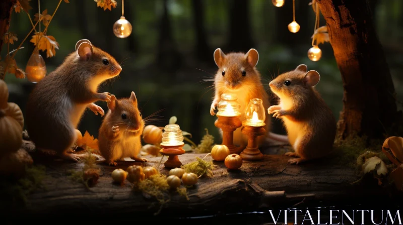 Enchanting Forest Scene with Cute Mice Party AI Image