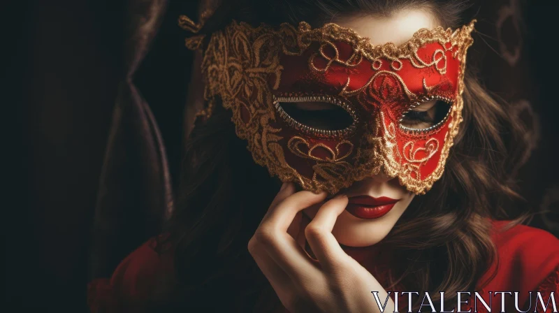 Enigmatic Woman in Red and Gold Venetian Mask AI Image