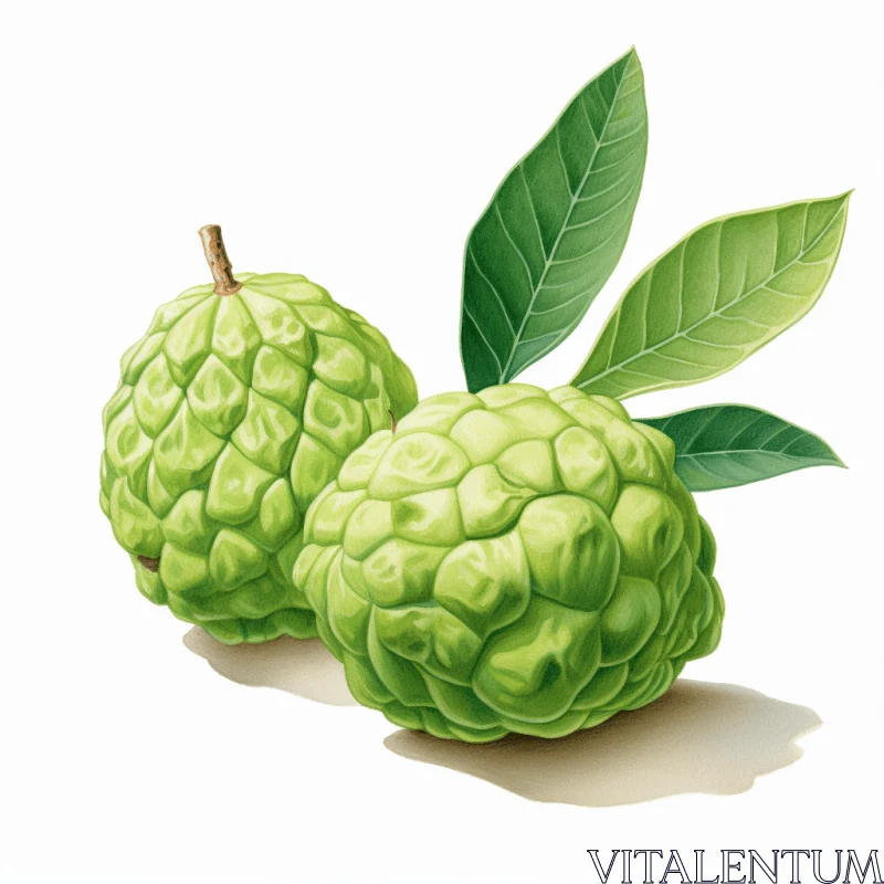 Green Fruits with Leaves on White Background | Exotic Illustration AI Image