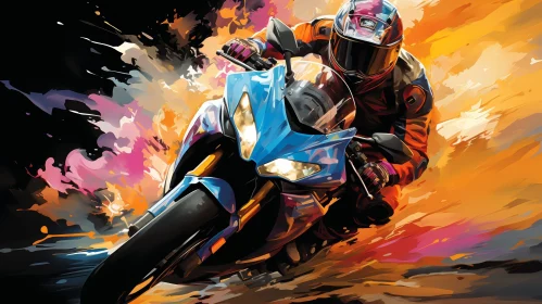 Man Riding Blue Motorcycle Painting