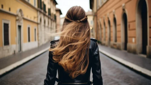 Urban Elegance: Young Woman in Black Leather Jacket Walking in European City