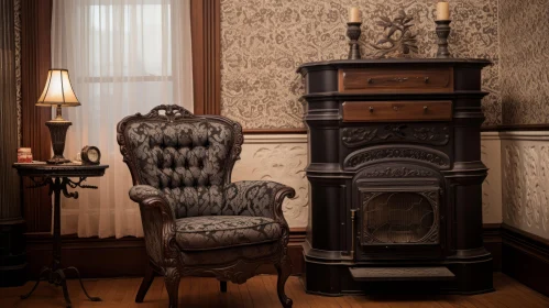 Victorian Parlor with Dark Green Armchair and Fireplace