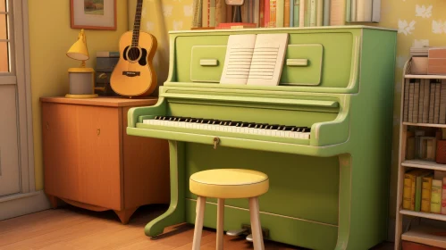 Vintage Room with Green Piano and Guitar