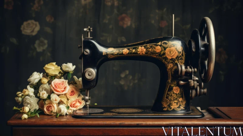 AI ART Vintage Sewing Machine and Roses on Wooden Table
