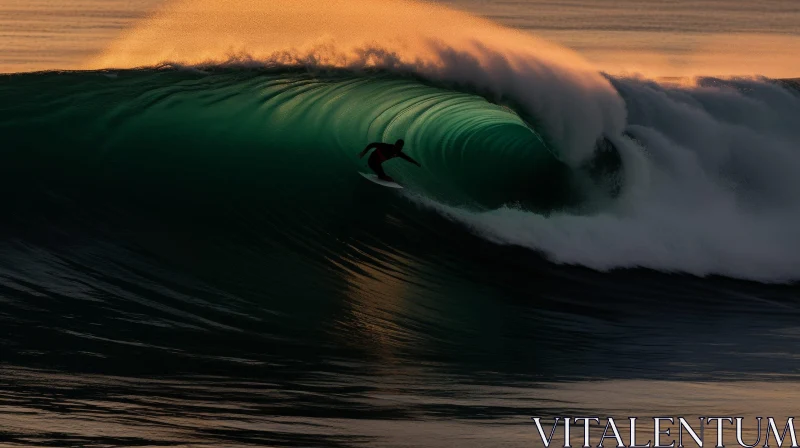 Barrel Wave Surfer at Sunset AI Image