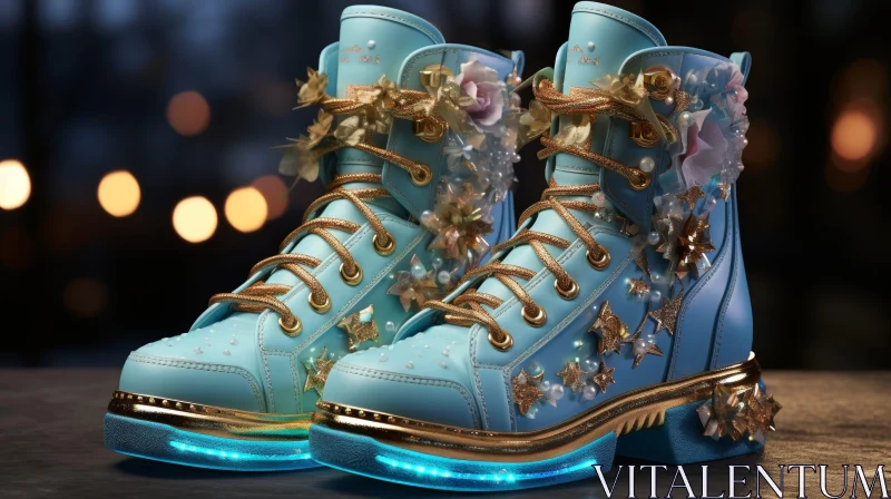 AI ART Blue and Gold Floral Leather Boots