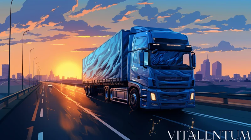 Blue Semi-Truck on Highway at Sunset AI Image
