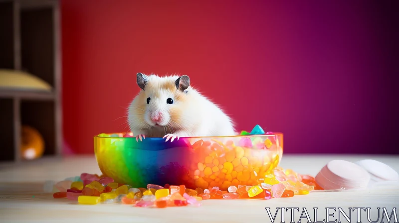 Colorful Hamster in Rainbow Bowl with Candy AI Image