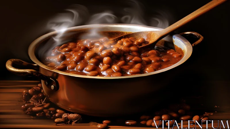 Cozy Baked Beans Pot on Wooden Table AI Image