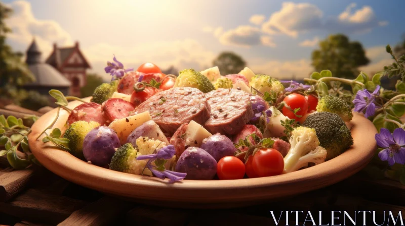 Delicious Steak and Vegetable Plate at Sunset AI Image