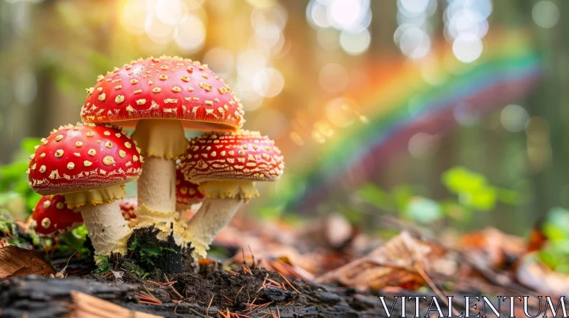AI ART Enchanting Forest Mushroom Cluster with Rainbow Background